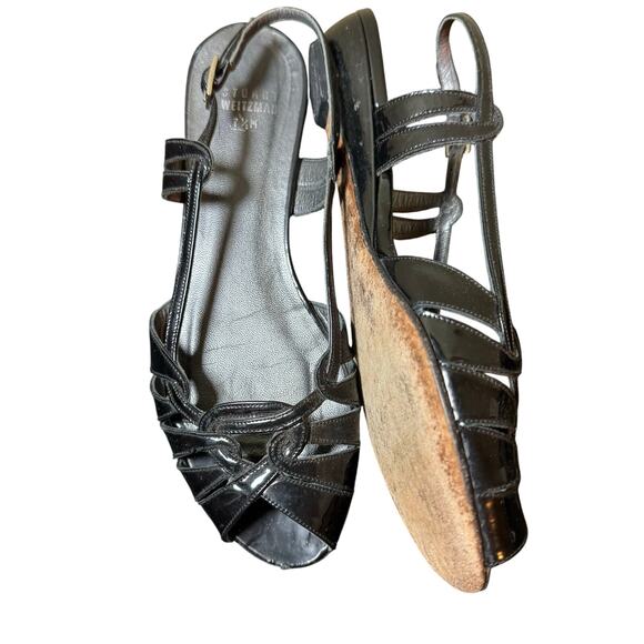 Stuart Weitzman Size 7.5 Black Patent Leather Strappy Open Toe Sling Back Flats - Picture 1 of 7